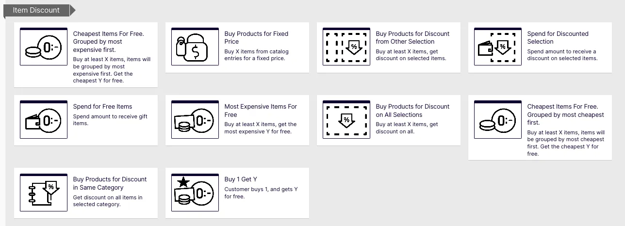Screenshot of discount type list in Commerce Connect where marketers choose a built-in discount template