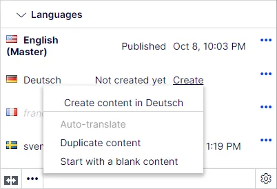 Screenshot of the Languages gadget where you click Create for the target translation language Screenshot of the Languages gadget where you click Create for the target translation language