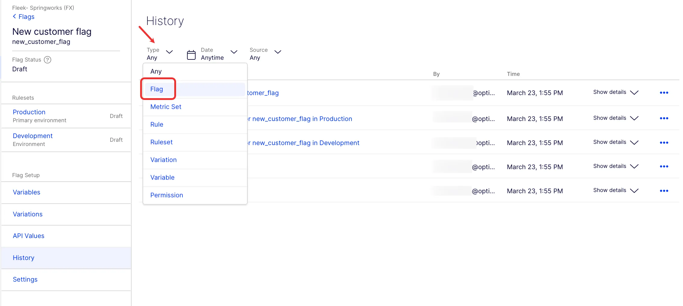 Screenshot of the flag History page with the Type drop-down list set to Flag
