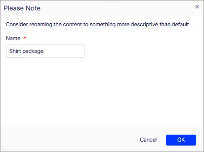 Screenshot of the Please Note naming window for a new package in Commerce Connect.