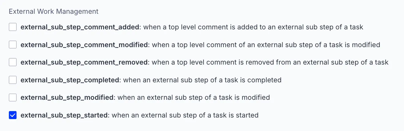 Screenshot of the CMP webhook event list with the external_sub_step_started checkbox selected