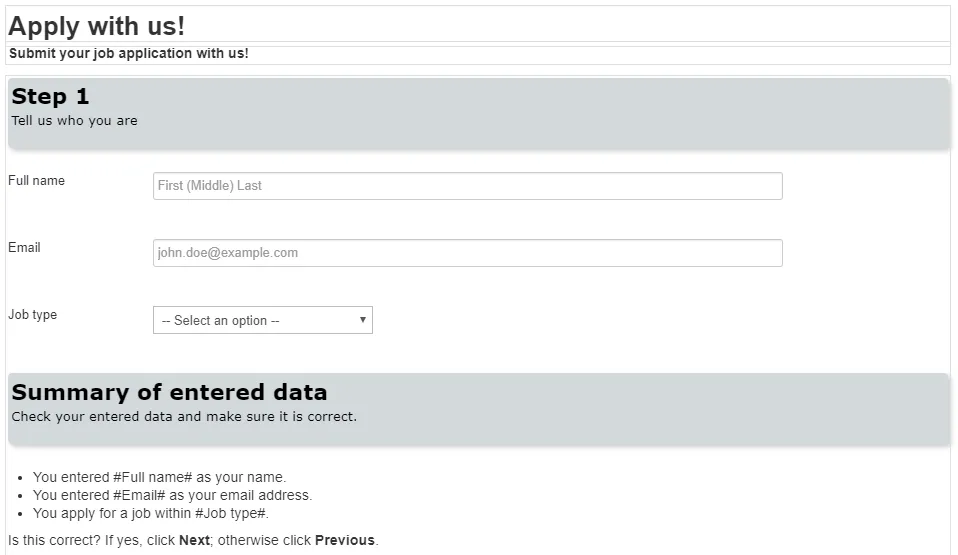 Confirmation step added to the Job application multi-page form Confirmation step added to the Job application multi-page form