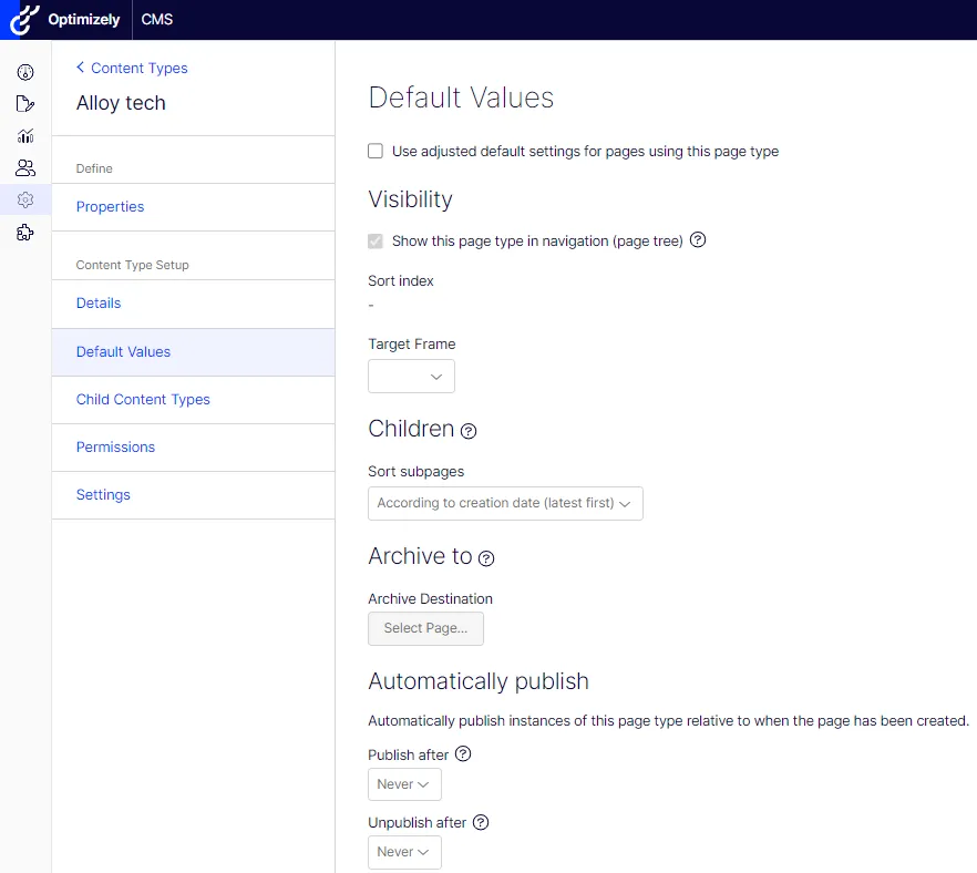 Set values on the Default Values tab.