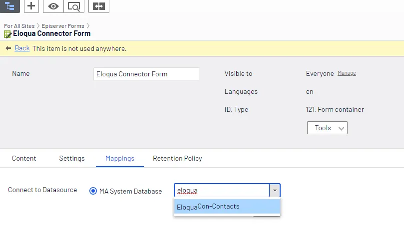 Selecting the Eloqua database Selecting the Eloqua database
