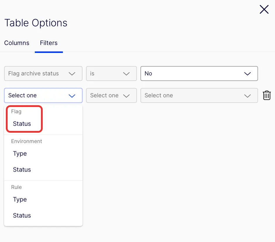 Screenshot of the filter field drop-down list with Status selected in the Flag section
