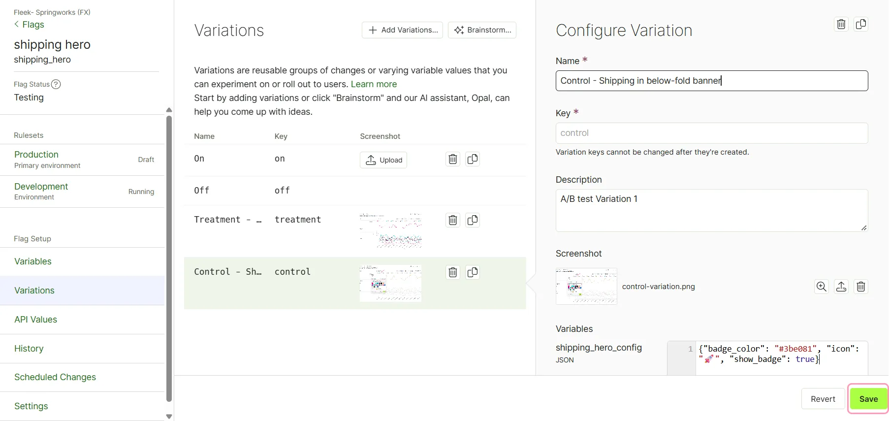 screenshot of the Configure Variation panel where the uploaded image displays in the Screenshot field and Save is highlighted