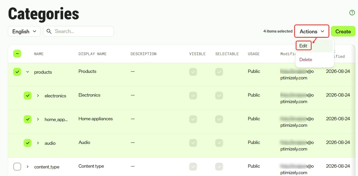 Screenshot of the Categories page where selected checkboxes and the Actions menu enable bulk editing Screenshot of the Categories page where selected checkboxes and the Actions menu enable bulk editing