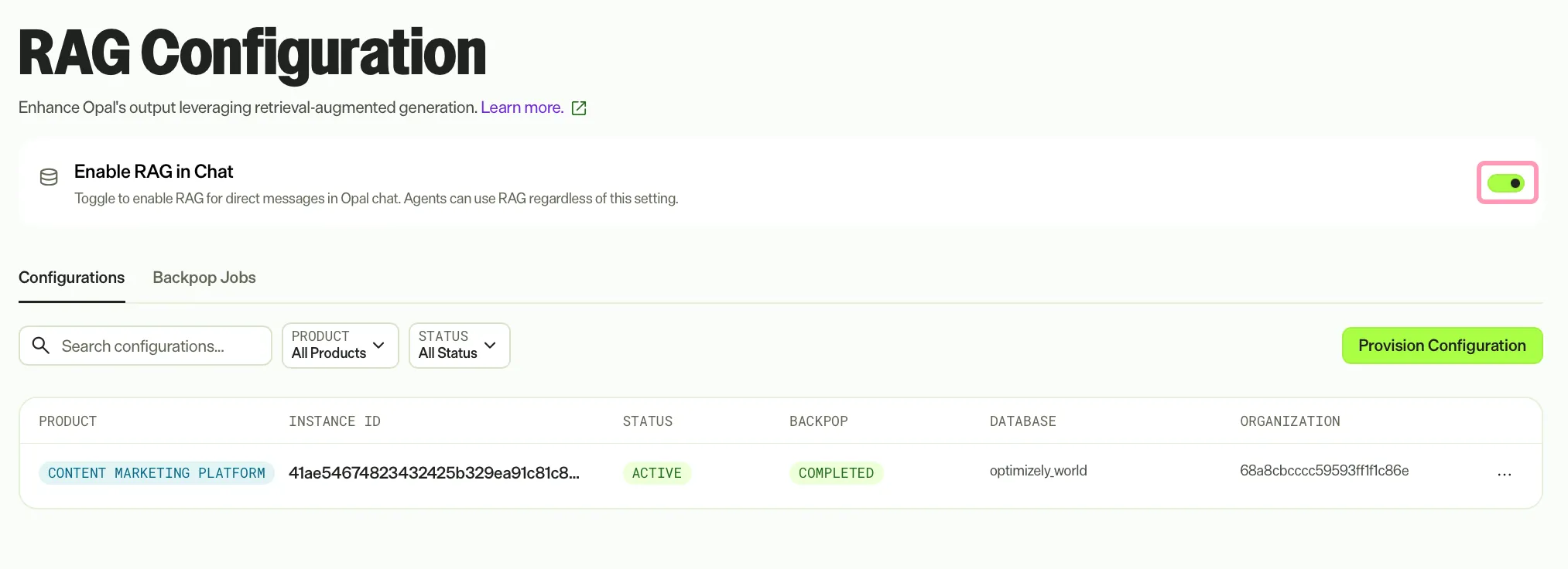 The Enable RAG in Chat setting
