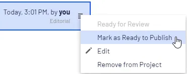 Screenshot of the context menu in the project overview showing Ready to Publish Screenshot of the context menu in the project overview showing Ready to Publish