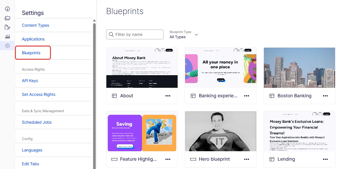 Screenshot of the Blueprints page in Settings where the list of saved blueprints displays