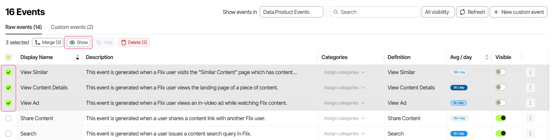 Select multiple hidden events and click Show