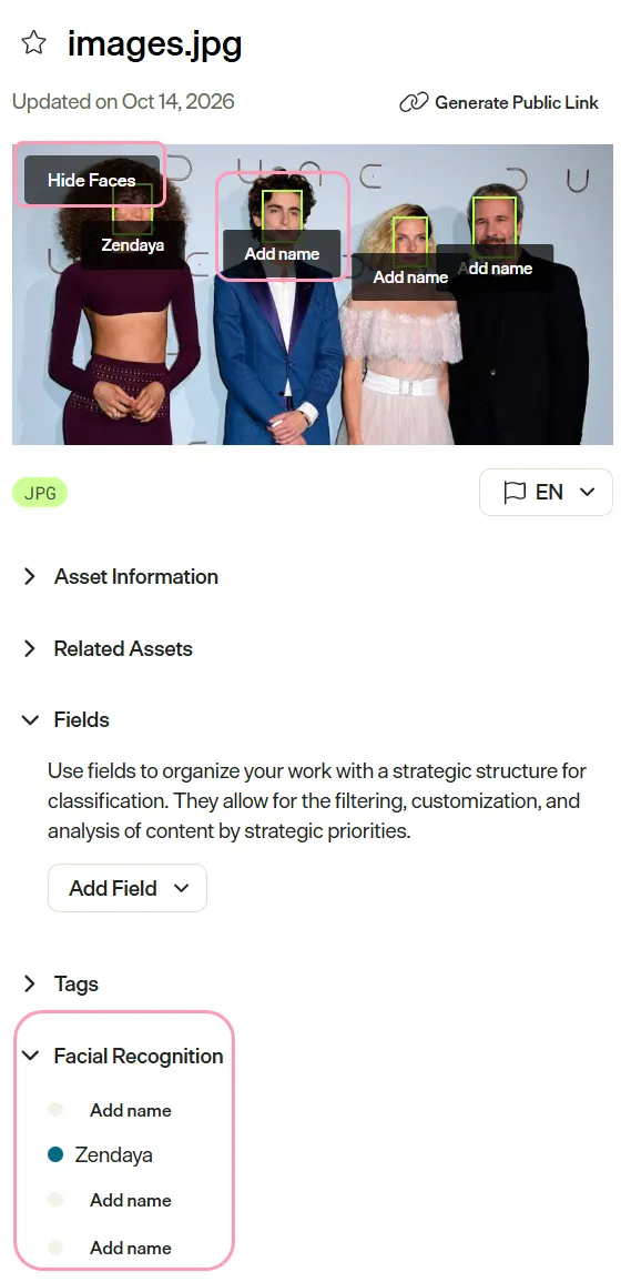 Screenshot of an image where Show Faces is turned on and the Facial Recognition section lists named and unnamed faces