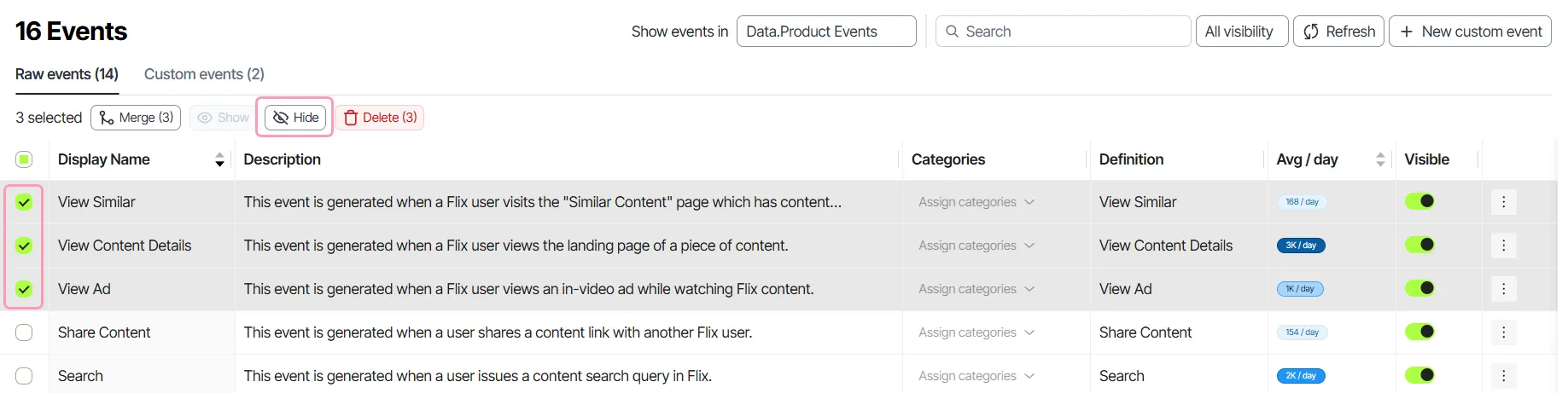 Select multiple events and click Hide