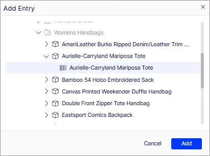Screenshot of the Add Entry window displaying products and variants grouped by category.