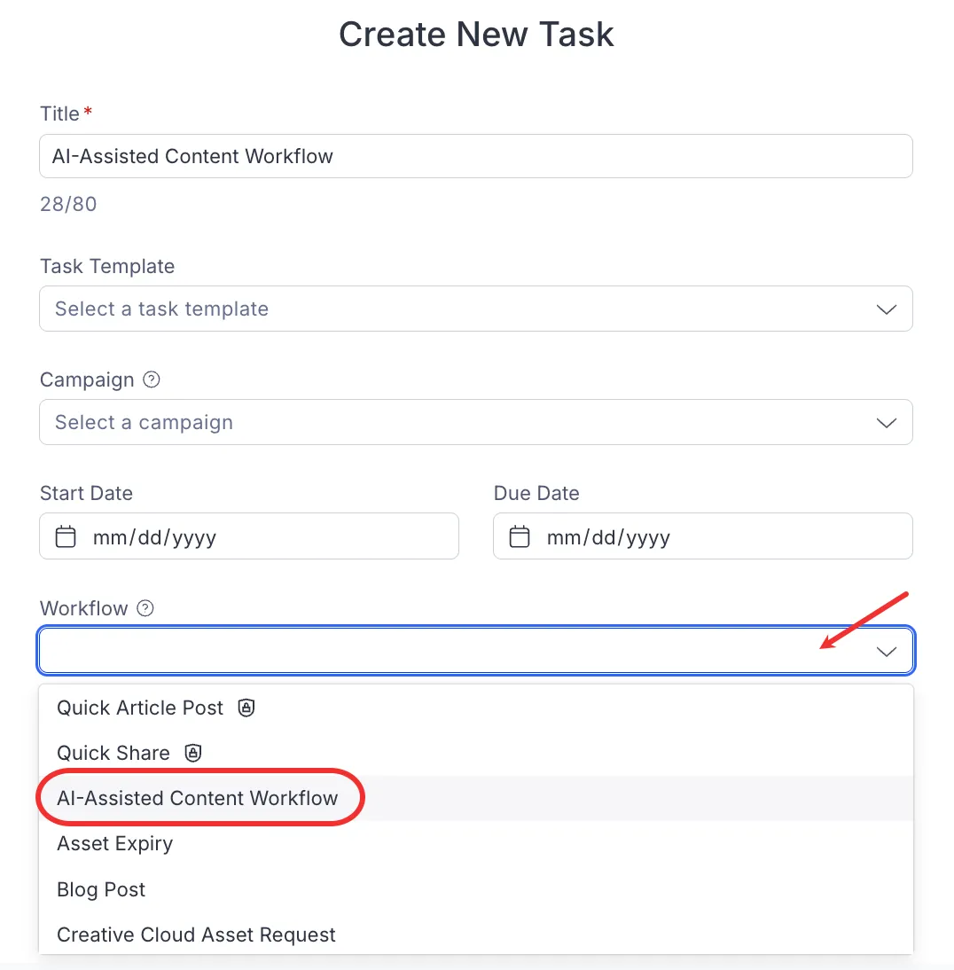 Screenshot of the CMP new task creation dialog showing the Workflow field with AI-Assisted Content Workflow selected