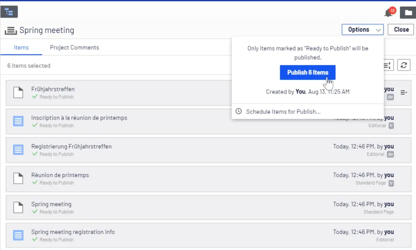 publish the project or schedule it for later publishing