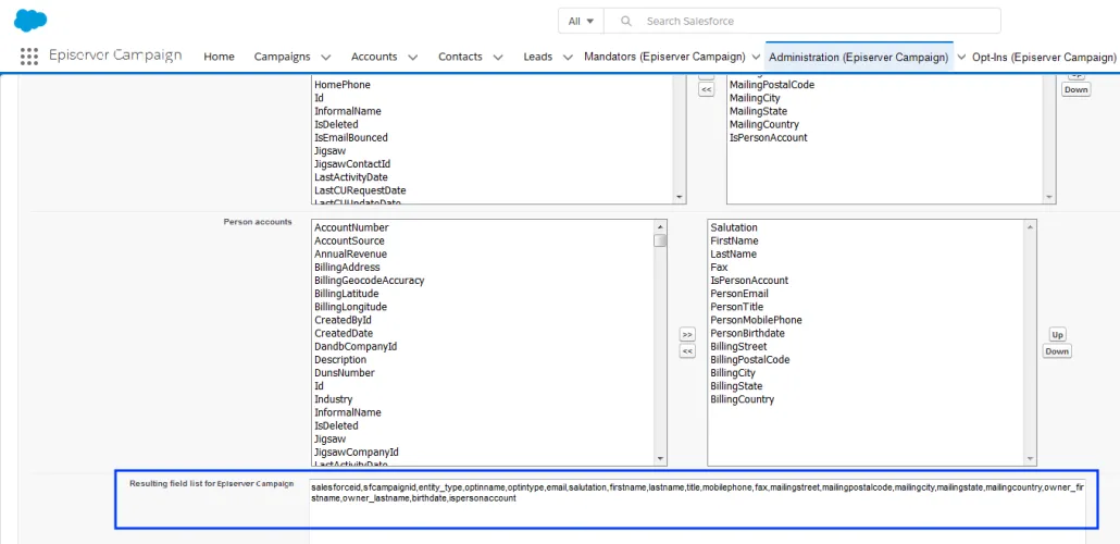 Image: Field list for Episerver Campaign
