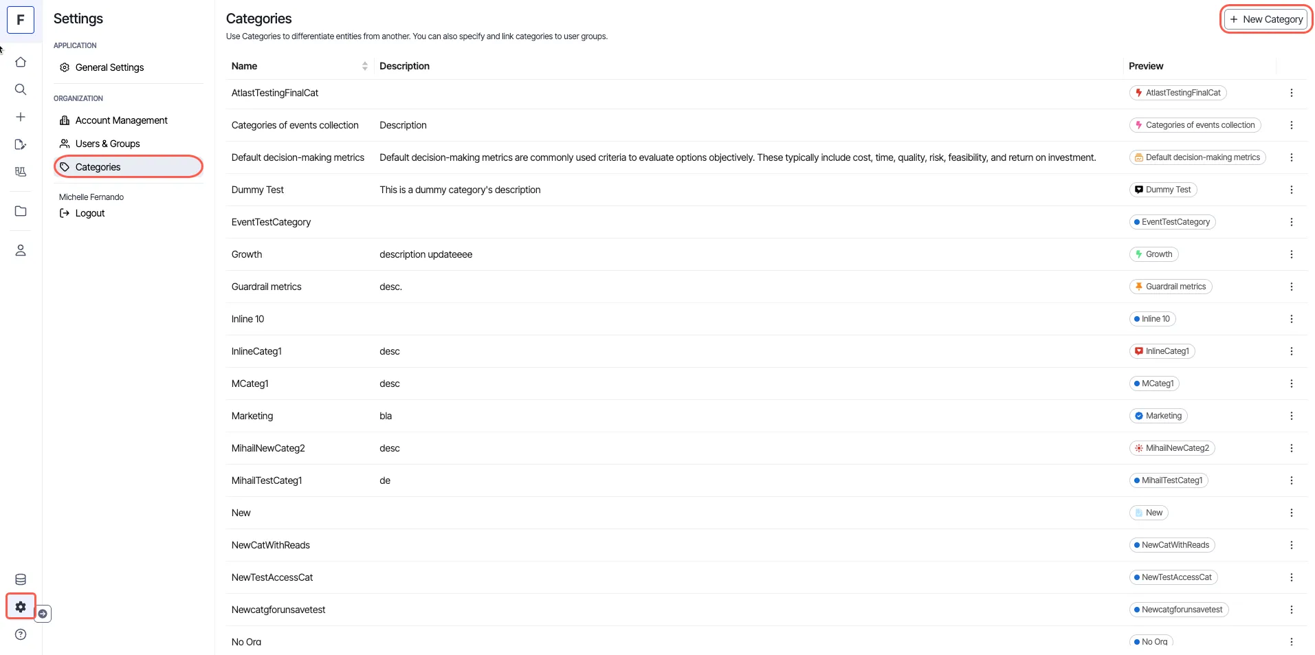 screenshot of the Categories page in Settings where Categories and New Category are highlighted