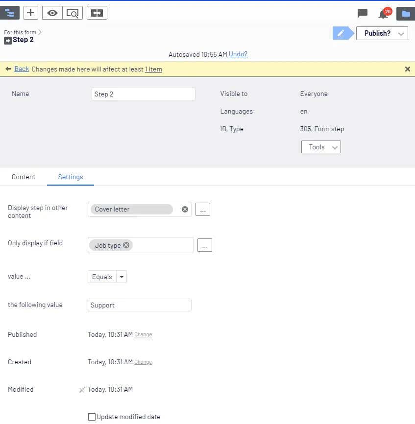 Settings tab setup for Step 2 Settings tab setup for Step 2