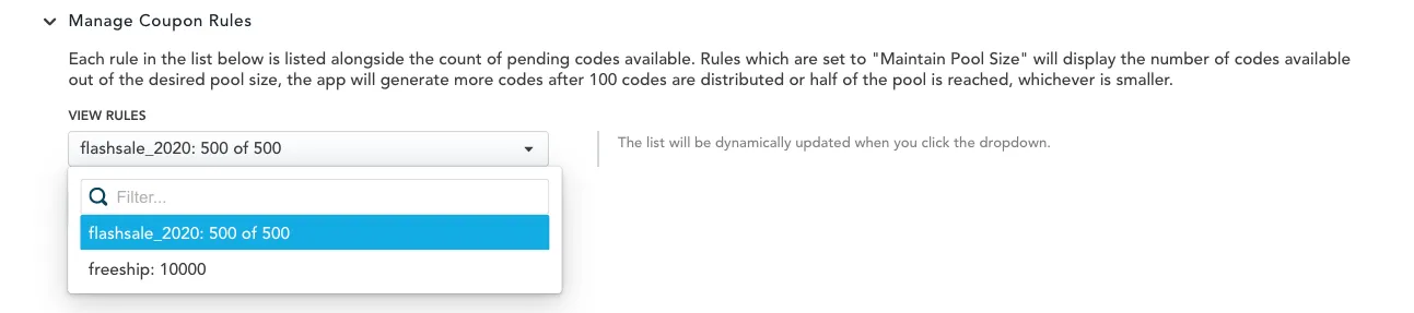 Manage coupon rules dropdown Manage coupon rules dropdown