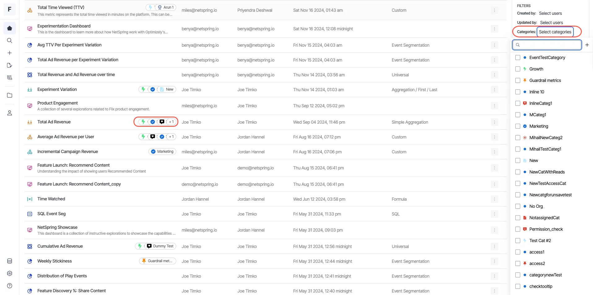screenshot of the Home page where items show category tags and the Categories filter is open