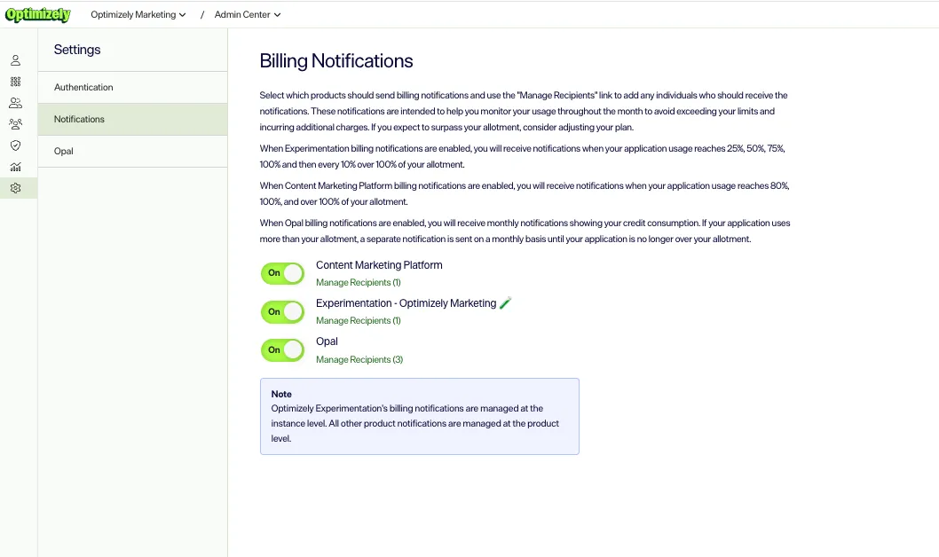 Screenshot of the Admin Center Settings > Notifications page where product notification toggles and the recipient field display