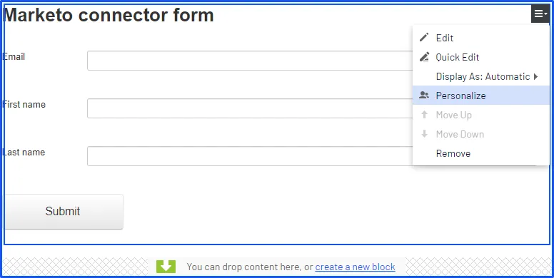 Marketo connector form, Personalize Marketo connector form, Personalize