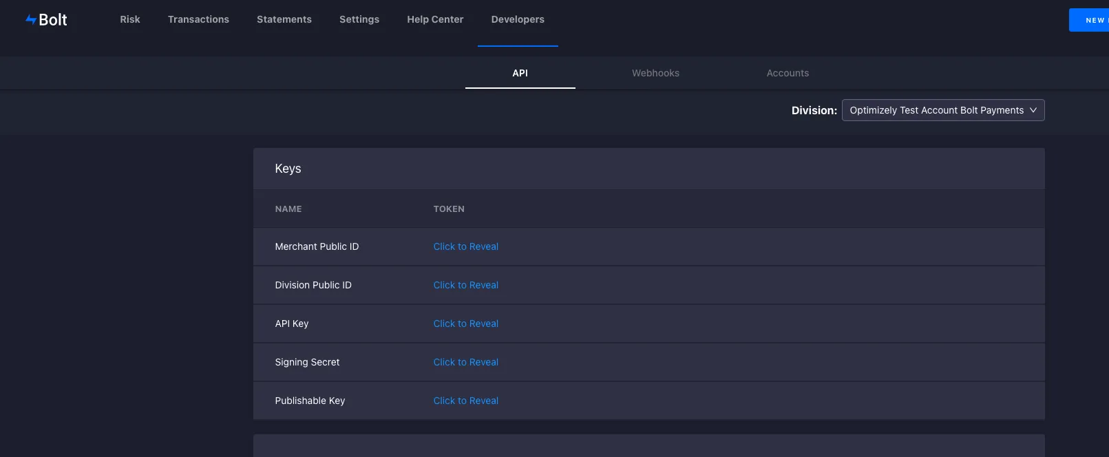 Screenshot of the Bolt Developers page that shows the API key, publishable key, and signing secret values Screenshot of the Bolt Developers page that shows the API key, publishable key, and signing secret values