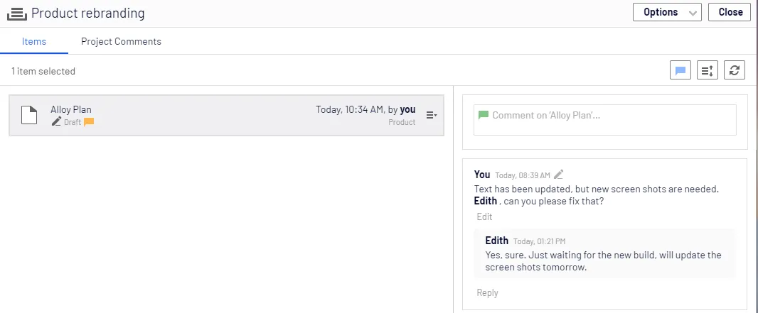 Reply to comment on the project item Reply to comment on the project item