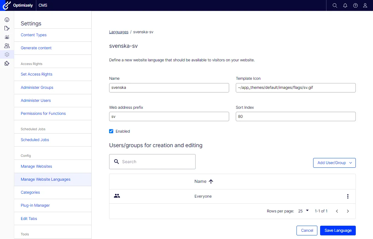 Edit languages settings Edit languages settings