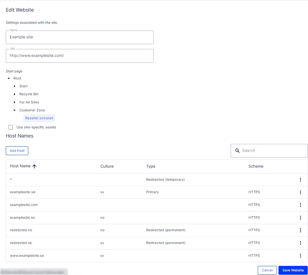Manage Websites HostName Example for CMS 12