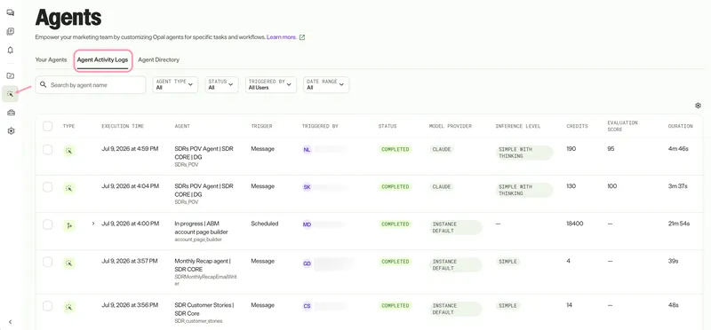 screenshot of the Agents page where the Agent Activity Logs tab is selected