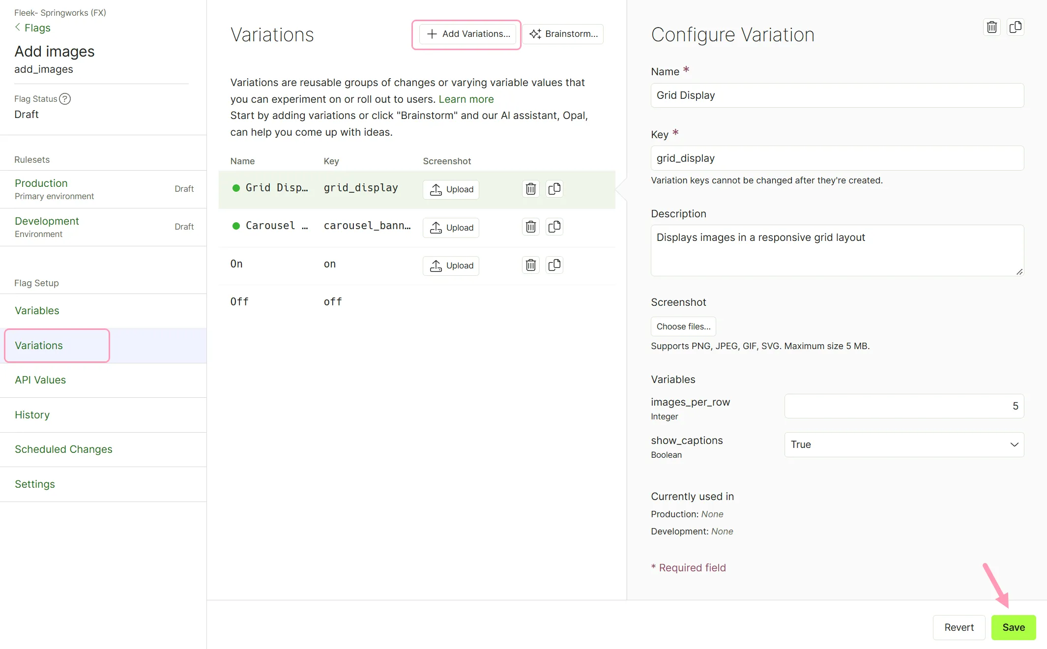 screenshot of the Variations page where Add Variations, the Configure Variation panel fields, and Save are highlighted