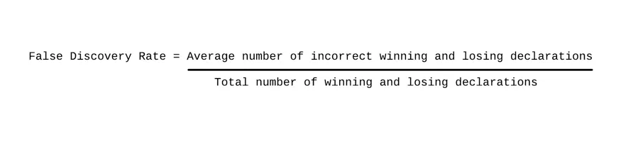 False Discovery Rate = (average number of incorrect winning and losing declarations)/(total number of winning and losing declarations) False Discovery Rate = (average number of incorrect winning and losing declarations)/(total number of winning and losing declarations)