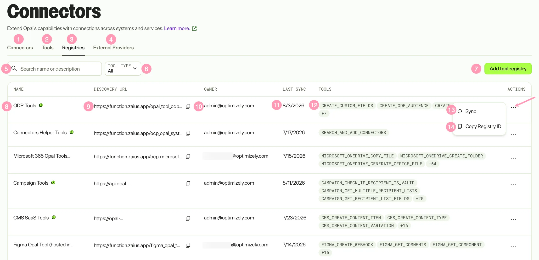 The Registries tab with discovery URLs and sync