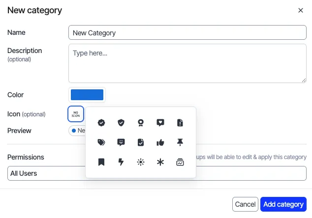 screenshot of the New category window where the icon picker is open to choose an optional icon