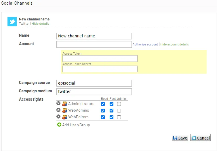 Add channel, settings Add channel, settings