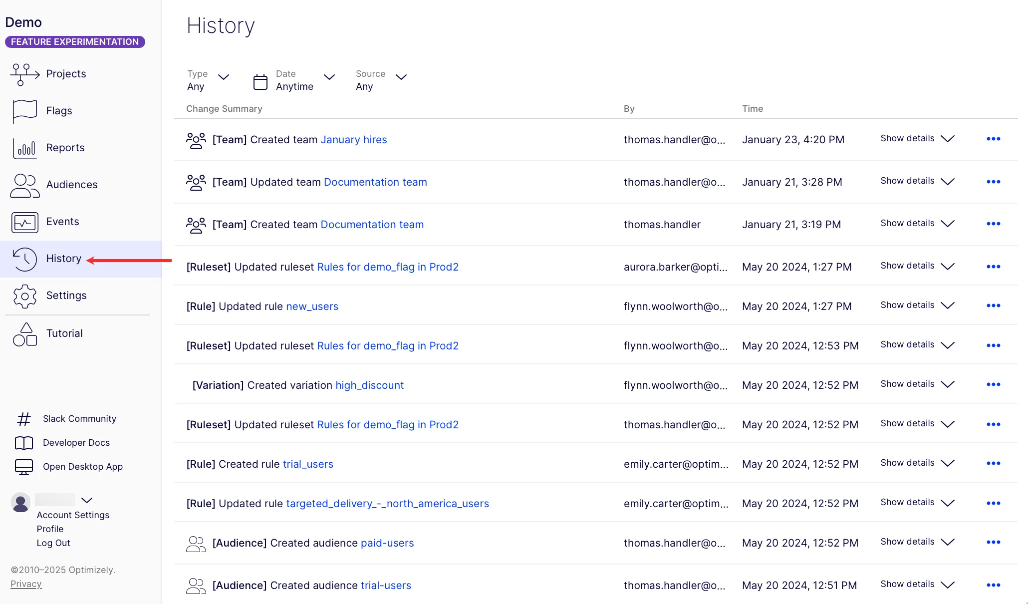 History tab in Feature Experimentation History tab in Feature Experimentation