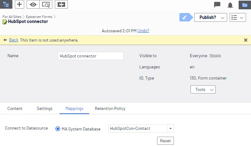 Selecting the HubSpot Contact database Selecting the HubSpot Contact database