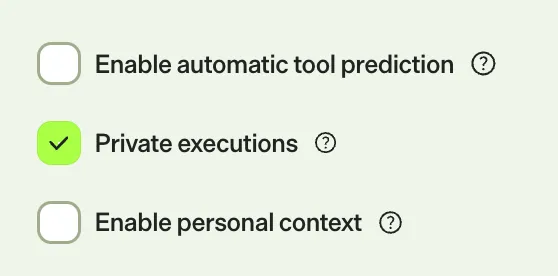 Screenshot of the Private executions toggle in the specialized agent settings panel