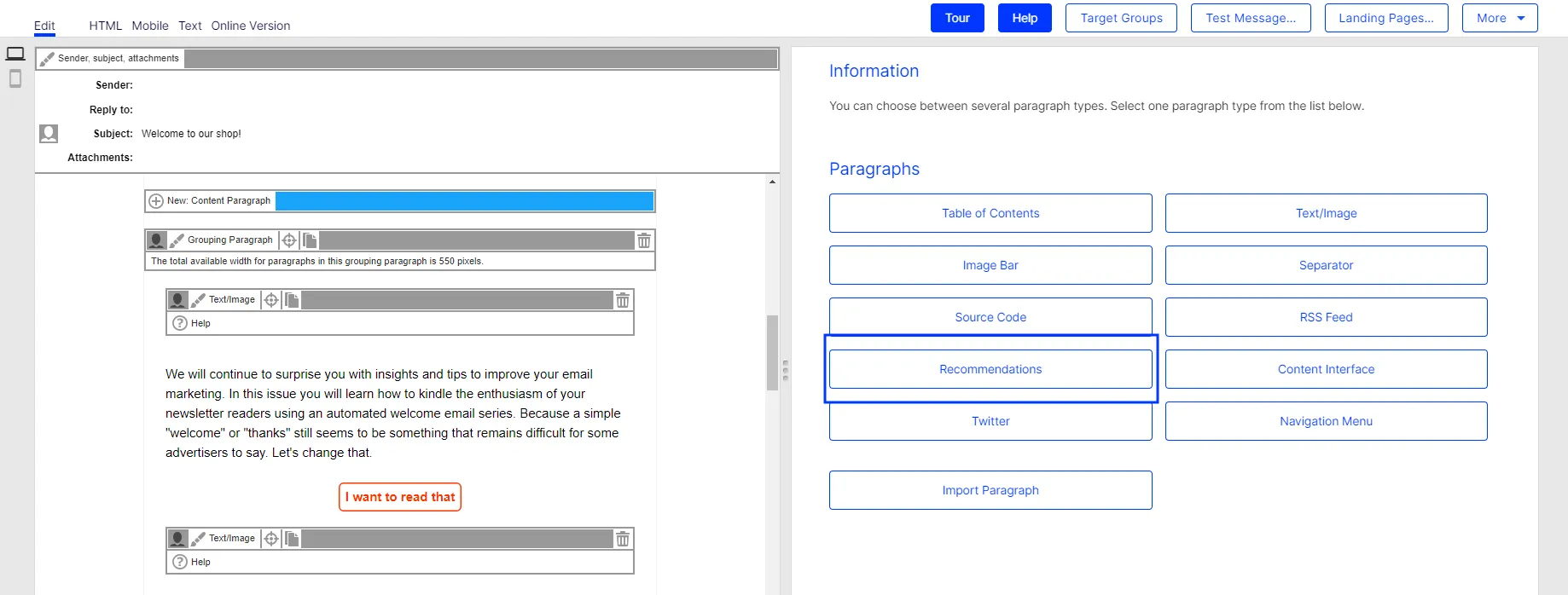 Image: Select Recommendations paragraph Image: Select Recommendations paragraph