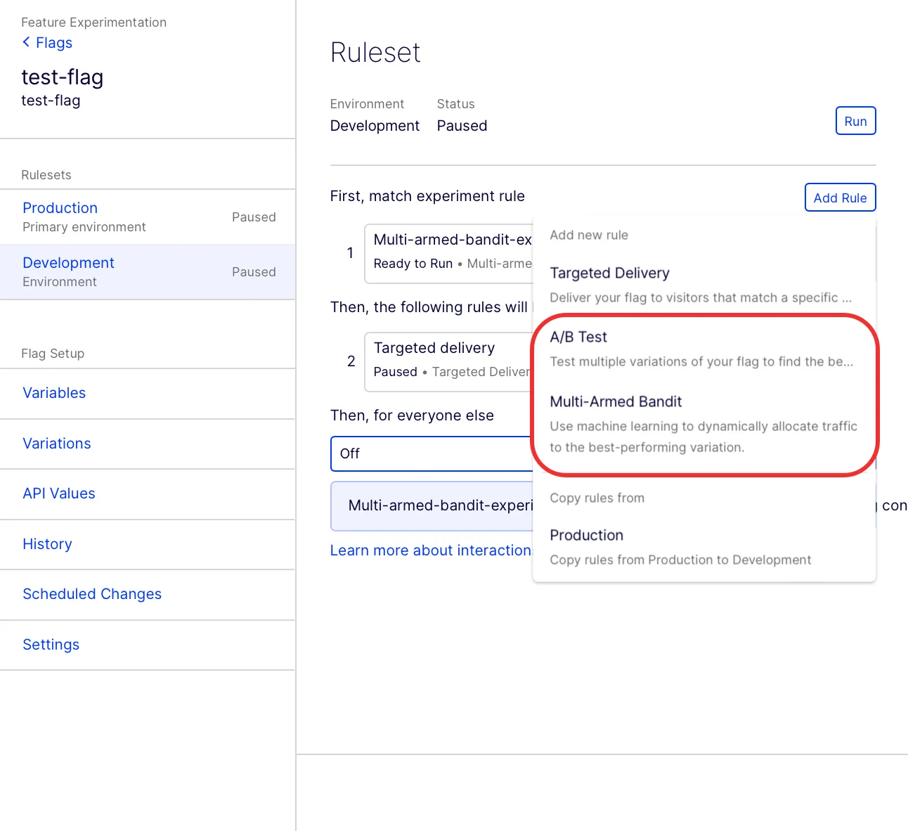 Select A/B test or Multi-Armed Bandit rule Select A/B test or Multi-Armed Bandit rule