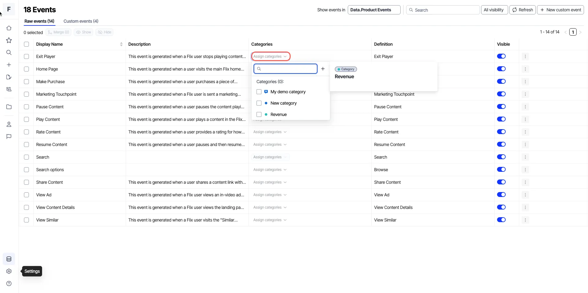 screenshot of the Events page where the Assign categories list is open for an event