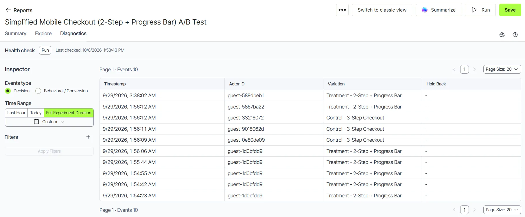 screenshot of the Diagnostics tab event table where decision event columns display for an Optimizely-hosted experiment screenshot of the Diagnostics tab event table where decision event columns display for an Optimizely-hosted experiment