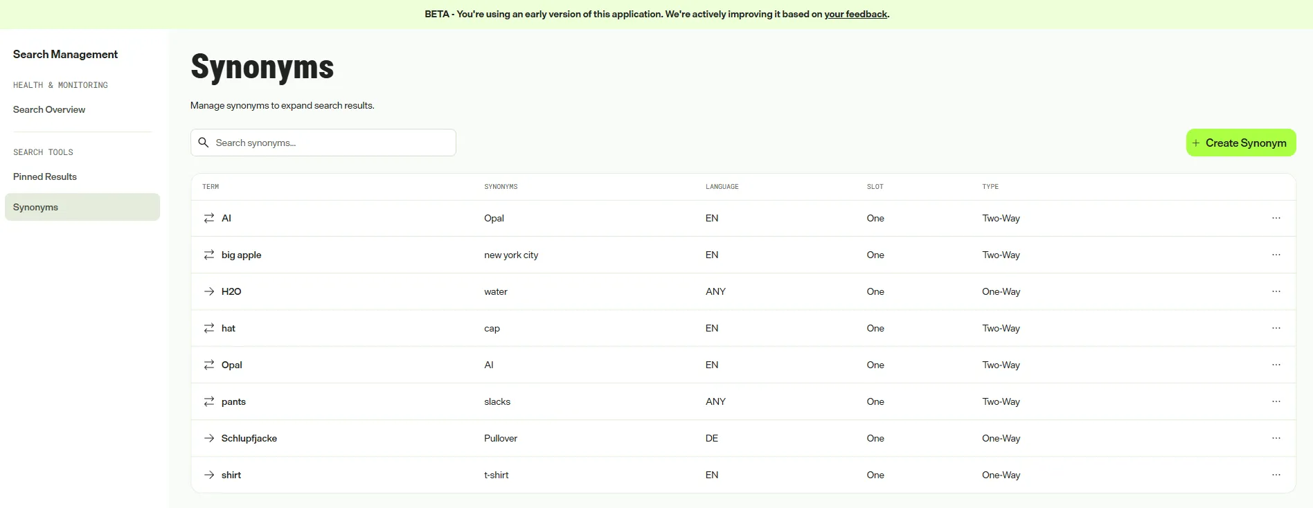 Screenshot of Synonyms screen Screenshot of Synonyms screen