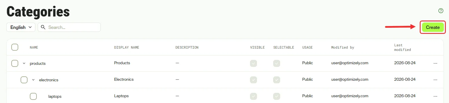 Screenshot of the Categories page where the Create button adds a top-level category Screenshot of the Categories page where the Create button adds a top-level category