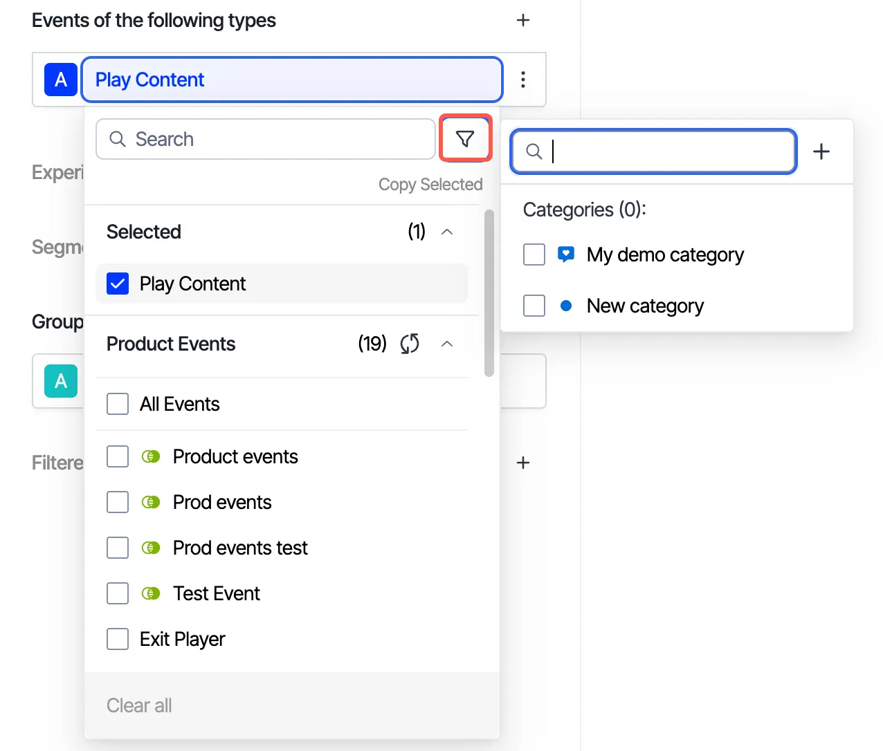 screenshot of the exploration event picker where the filter button opens a list of categories to filter by