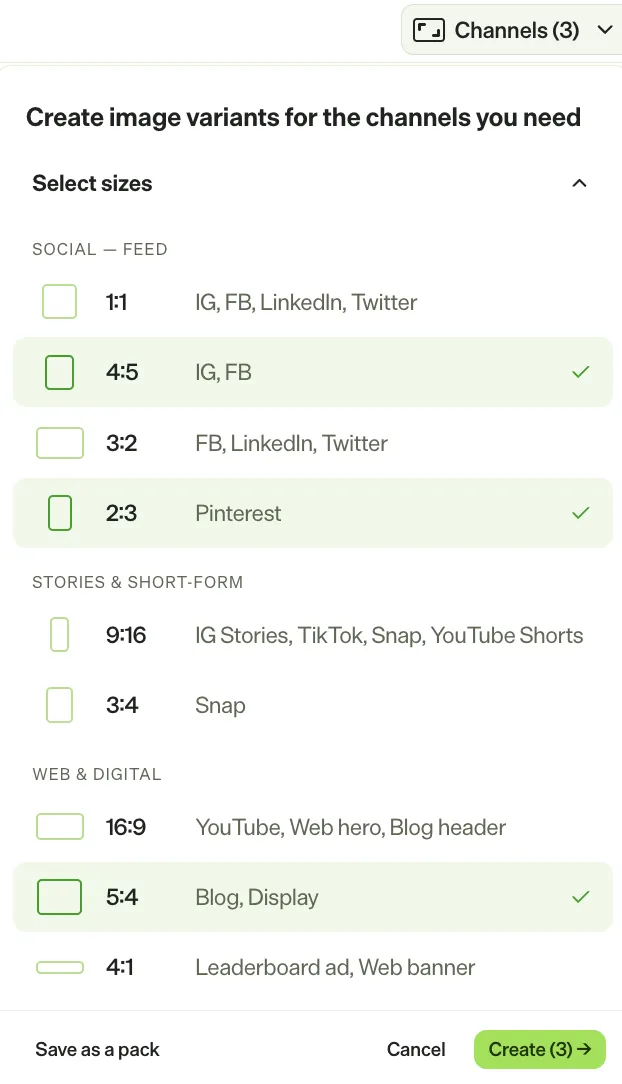 screenshot of the Variants panel where Select sizes lists aspect ratios by category and three are selected. screenshot of the Variants panel where Select sizes lists aspect ratios by category and three are selected.