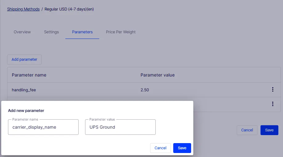 Parameters tab showing the Add new parameter dialog with Parameter name and Parameter value fields Parameters tab showing the Add new parameter dialog with Parameter name and Parameter value fields