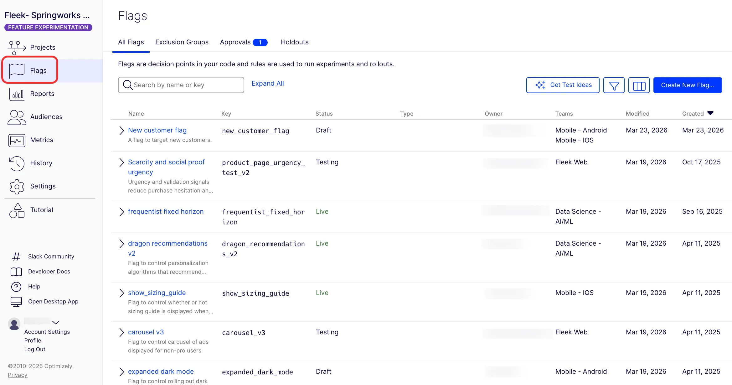 Screenshot of the Flags dashboard showing flag status indicators for each flag